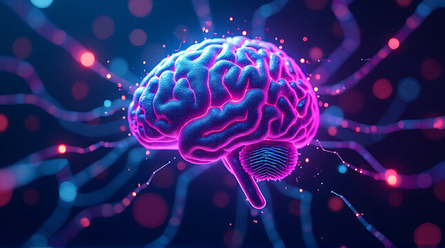 AI brain network glowing with neon purple and cyan lights, abstract cyberpunk tech background, ultra photorealistic