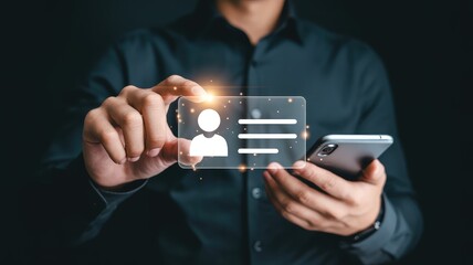 Man interacts with digital profile card on futuristic transparent screen, modern technology concept