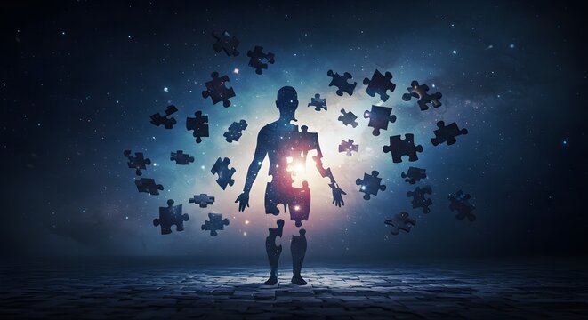 Human silhouette with puzzle pieces in space representing mental health and ideas.