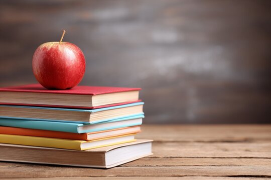 Red apple on stack of books with chalkboard background