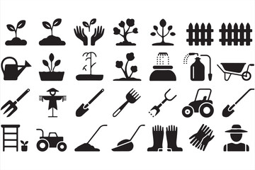 Black silhouette farming icons with tractor, wheat, animals, fruits, and countryside food designs