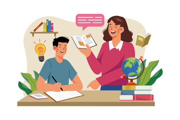 Tutoring Session with a Teacher and Student at a Desk on White Background Illustration