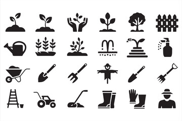 Vector collection of farm icons including animals, fruits, vegetables, and countryside rural designs