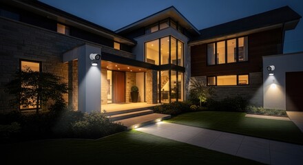 Exterior security lights illuminate a modern home at night
