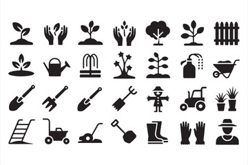 Farming and agriculture icons set with tractor, barn, livestock, crops, and eco food silhouettes