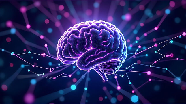 AI brain network glowing with neon purple and cyan lights, abstract cyberpunk tech background, ultra photorealistic
