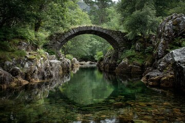 Ancient stone arch bridge over crystal clear river