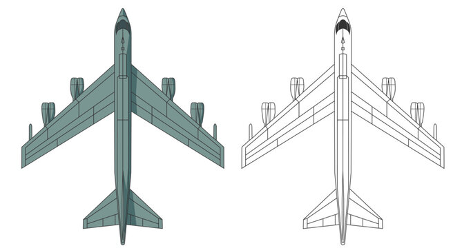 Set b-52 stratofortress bomber military aircraft design in line art and colored style from top view. Vector illustrations united states colorful fighter jet. Outline drawing modern usa combat aircraft
