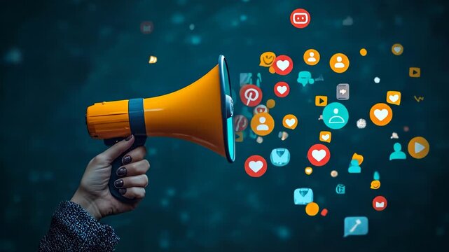 A hand holding a megaphone with social media icons floating out of it, representing digital marketing and social media influence. - Powered by Adobe