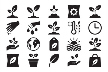 Vector agriculture icons collection featuring plant growth, eco sustainability, and nature designs