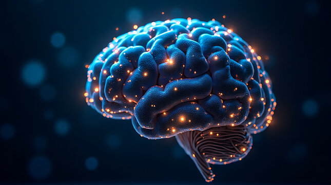 Artificial intelligence brain formed by glowing fiber optic cables, blue and gold color scheme, sci-fi abstract design