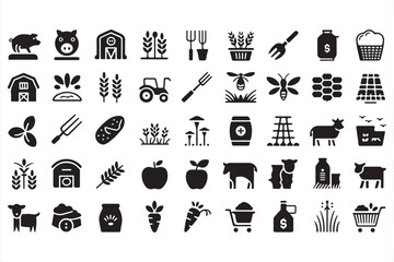 Vector collection of farm icons with tractor, animals, vegetables, and organic food rural designs
