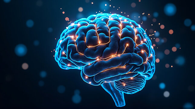 Artificial intelligence brain formed by glowing fiber optic cables, blue and gold color scheme, sci-fi abstract design