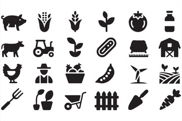 Collection of farm and agriculture icons including pig, cow, tractor, barn, farmer, crops, vegetables, wind turbine, and rural farming symbols in black silhouette vector design