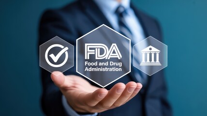 Professional assurance and regulatory approval shown by FDA logo and icons held by businessman