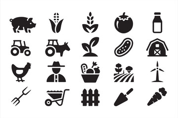 Vector collection of agriculture silhouettes featuring pig, cow, chicken, and barnyard elements