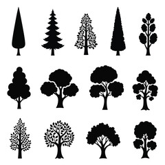 Fototapeta premium Collection of various tree silhouettes isolated on white background for design