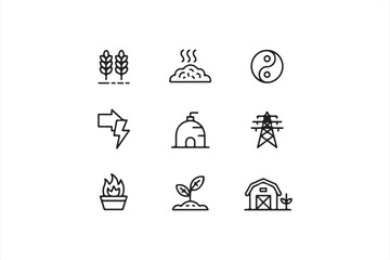 Farm and energy icon set with barn, crops, electricity, fire, and sustainability outline symbols