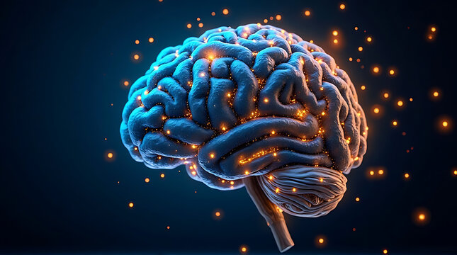Artificial intelligence brain formed by glowing fiber optic cables, blue and gold color scheme, sci-fi abstract design