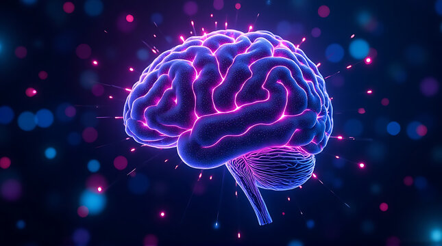 AI brain network glowing with neon purple and cyan lights, abstract cyberpunk tech background, ultra photorealistic