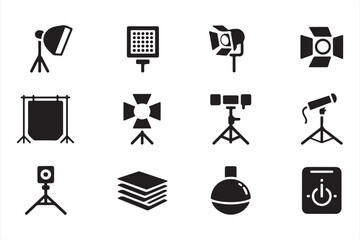 Black silhouette photography equipment icons showing studio lamps, backdrop, and reflectors