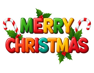 Fototapeta premium Merry Christmas Typography with Candy Canes and Holly, Transparent PNG
