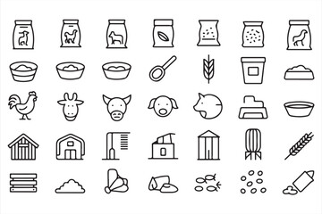 Agriculture icon collection with animal feed, barns, and grain storage silo in outline vector design