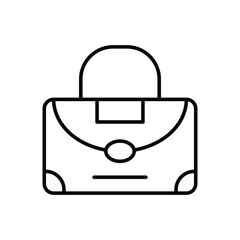 A minimalist line drawing of a structured handbag featuring a flap closure with an oval accent a handle and rounded corners