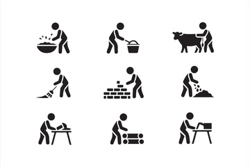 Farm labor and agriculture worker icons set showing rural tasks, planting, and animal feeding
