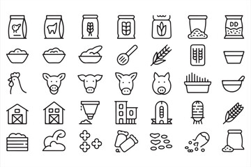 Animal feed icon set with livestock, barns, seeds, and rural farming agriculture vector elements