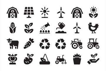 Eco farming and sustainability icons set with barn, tractor, crops, and renewable energy symbols