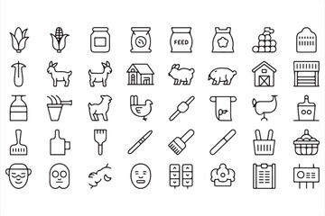 Collection of farm and livestock icons including goats, chickens, barns, feed bags, tools, and agriculture elements in outline vector design for rural and eco farming concepts