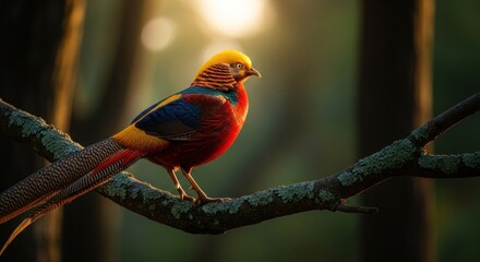 Golden Pheasant perched on branch, bathed in golden sunlight