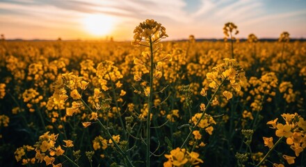 Fototapeta premium Golden sunset over a vibrant field of rapeseed