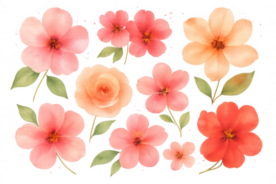 Watercolor floral set featuring pink, orange, and red flowers with green leaves, creating decorative seasonal elements - Powered by Adobe
