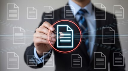 Professional businessman managing digital documents and data flow in modern office interface