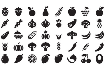 Organic farming vector icons including mushroom, pumpkin, broccoli, and nutrition food symbols