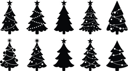 Christmas tree silhouette set, black and white vector icons, holiday design elements, festive pine trees, winter illustration collection