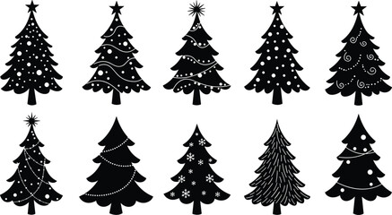Christmas tree silhouette set, black and white vector, holiday design, festive decoration, winter illustration, Xmas tree collection, graphic elements, seasonal icons, clipart, simple style