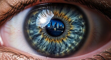 Close up of a human eye reflecting a cityscape with bright sunlight