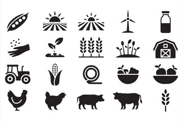 Rural agriculture icon collection with barnyard animals, plants, and organic food design elements
