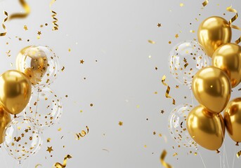 Golden and clear celebratory balloons with star confetti and floating streamers, framing a central light gray background