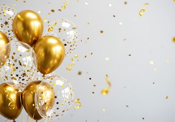 Golden and clear celebratory balloons with star confetti and floating streamers, framing a central light gray background