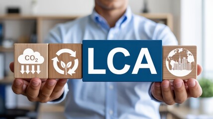 Man displays blocks with LCA concept, symbolizing sustainability and environmental impact reduction.