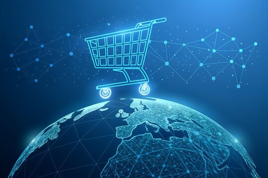 Global E-Commerce Icon Shopping Cart Hovering Over Earth with Digital Network Nodes on Blue Background
