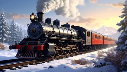 Fototapeta premium Vintage steam train in snowy mountains