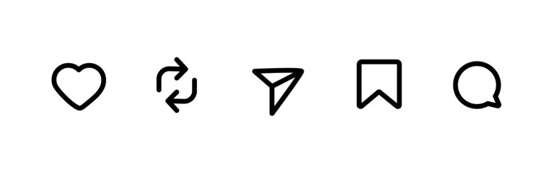 Like, Repost, comment share save vector icon set. Site navigation symbol. Social media web linear sign	
