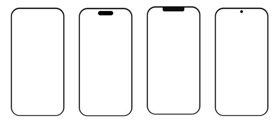Smartphone frame mockup vector set with different notch styles and bezel designs including modern mobile screen outline template for UI UX and app