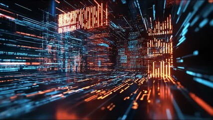 Abstract digital data visualization of a futuristic tunnel with glowing lines and structures. - Powered by Adobe