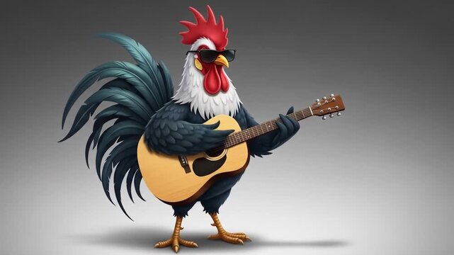 Animated Rooster serenading with a guitar wearing cool sunglasses and stylish appearance